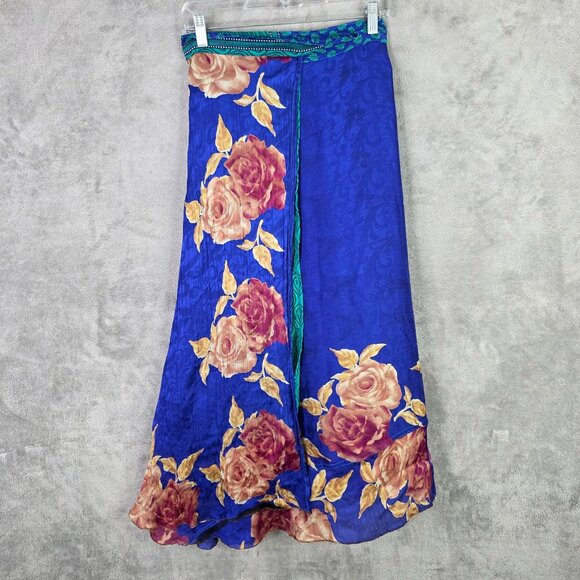Womens Vintage Reversible Blue Indian 100% Silk Wrap Skirt Floral Print One Size - Picture 2 of 9